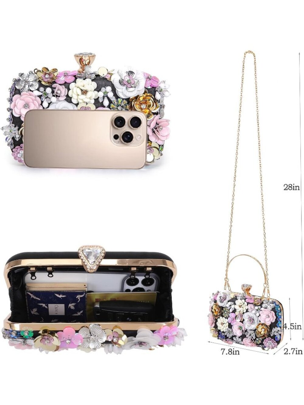 Women's Black Floral Beaded Chain Strap Party Prom Clutch Purse Evening Bag - Picture 6 of 7